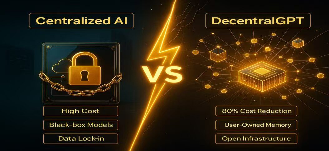 Visual comparison of DecentralGPT’s decentralized LLM network vs centralized AI platforms