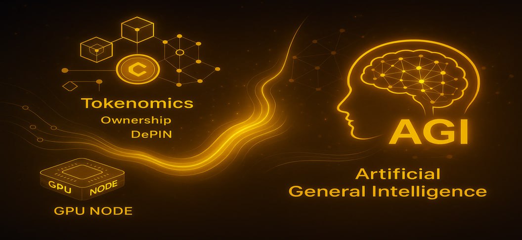Illustration of decentralized AI infrastructure powered by tokenomics, enabling global AGI development