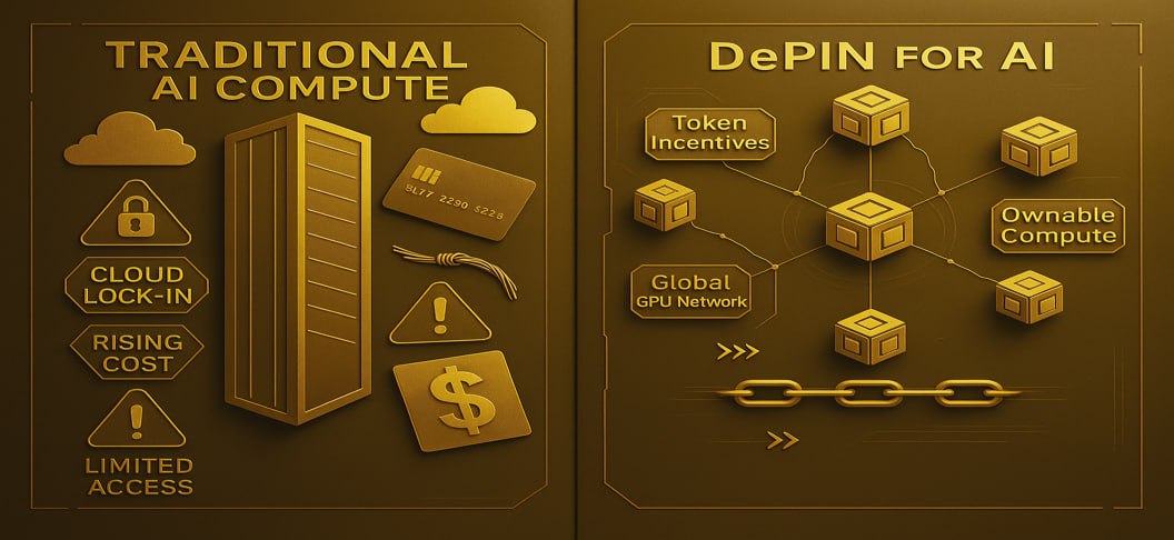 Illustration of decentralized GPU infrastructure powering AI through DePIN architecture and token incentives