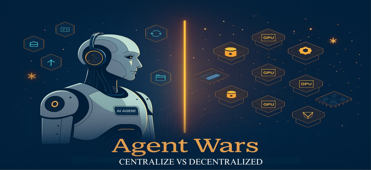 Illustration comparing centralized AI agents like ChatGPT with decentralized GPU networks powered by DeGPT