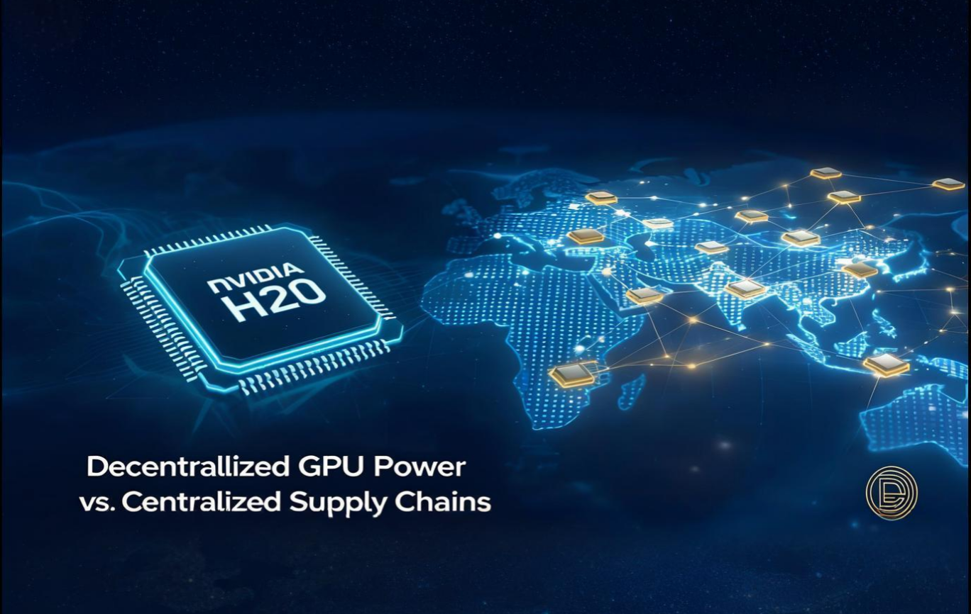 Illustration of Nvidia H20 chip next to a decentralized GPU network powered by DeGPT, representing the shift from centralized AI infrastructure to global DePIN-based compute solutions in 2025n Illustration of Nvidia H20 chip next to a decentralized GPU network powered by DeGPT, representing the shift from centralized AI infrastructure to global DePIN-based compute solutions in 2025n
