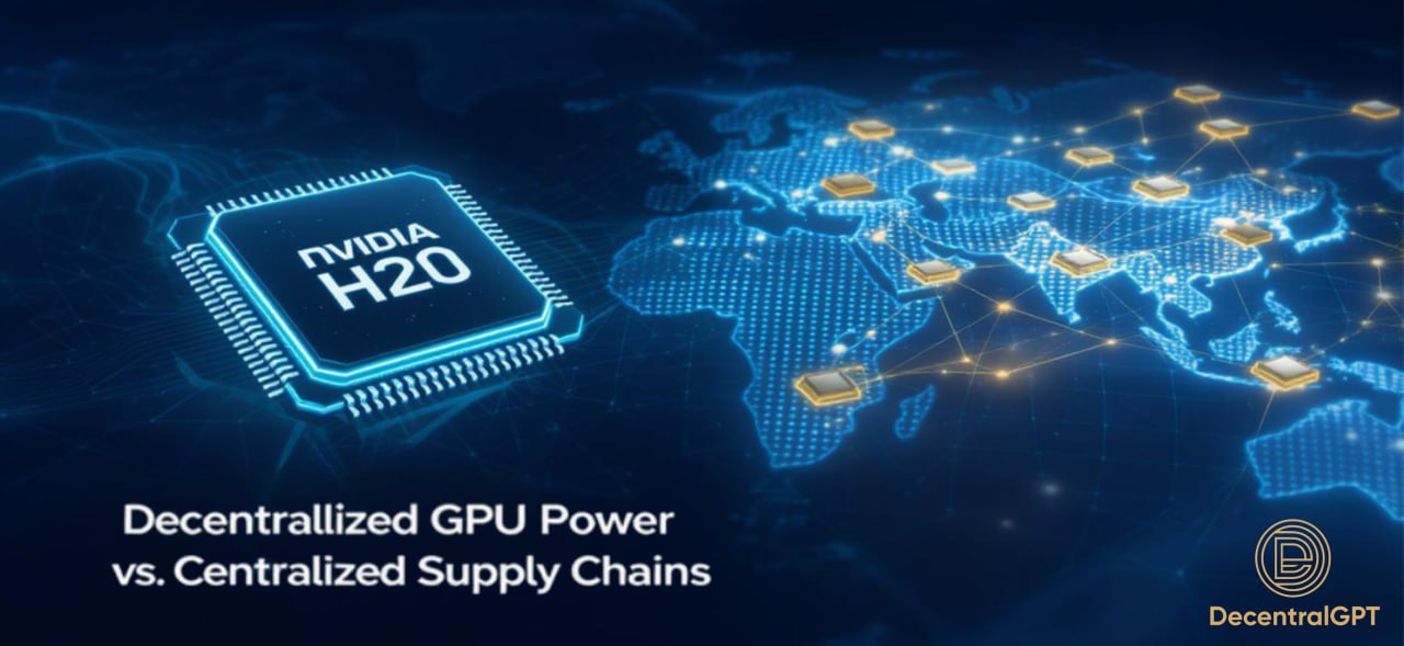 Illustration of Nvidia H20 chip next to a decentralized GPU network powered by DeGPT, representing the shift from centralized AI infrastructure to global DePIN-based compute solutions in 2025