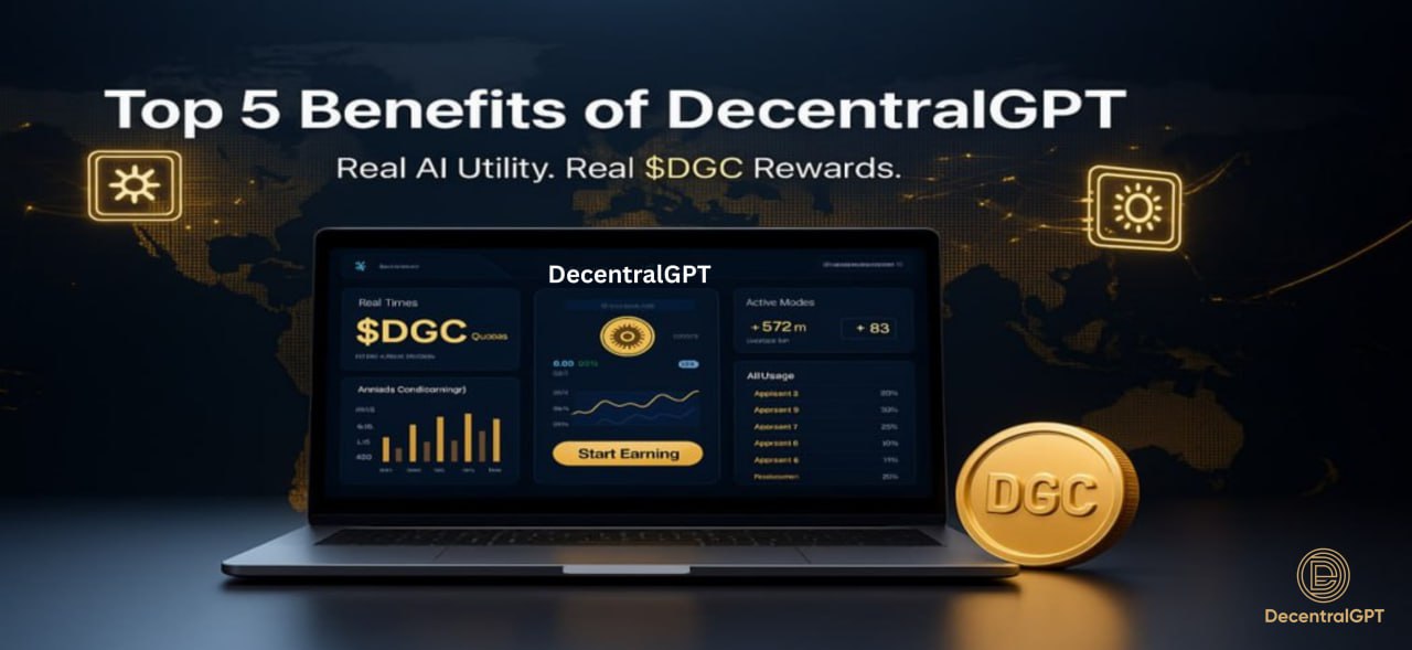 A decentralized AI platform showing global GPU network and real-world token rewards with $DGC