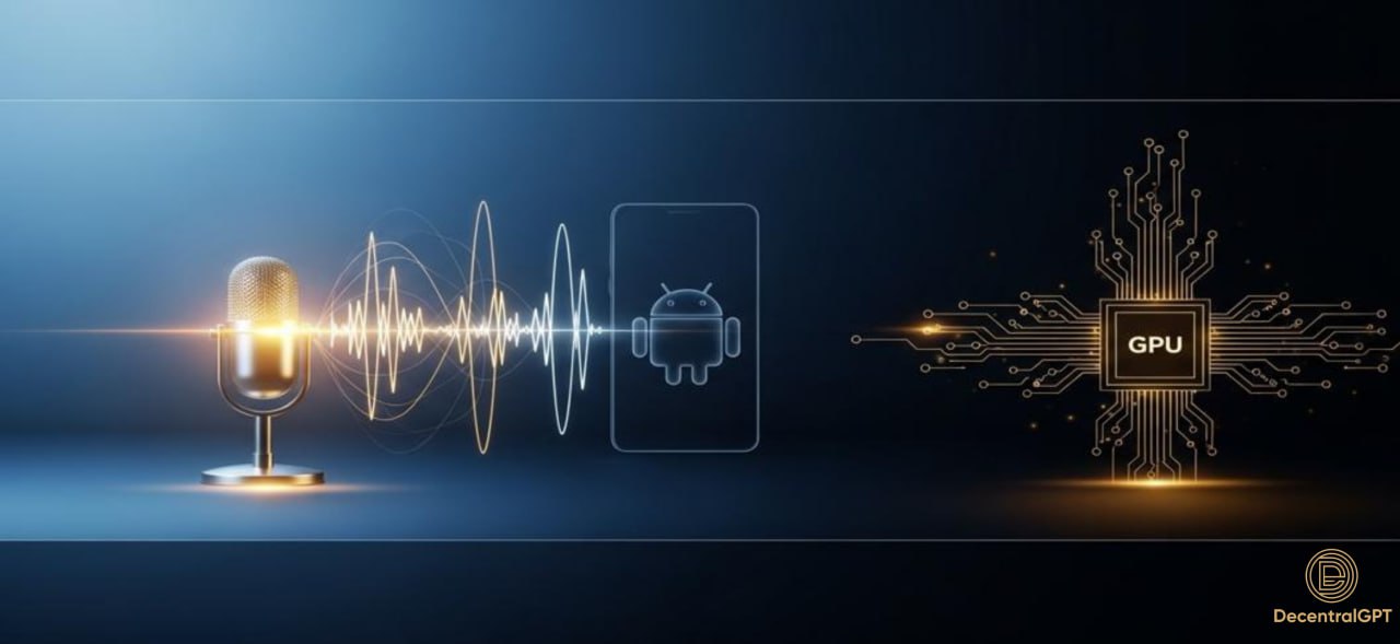 Minimalist design with microphone icon and Android symbol, representing DecentralGPT Android app Voice Mode for multilingual AI chat