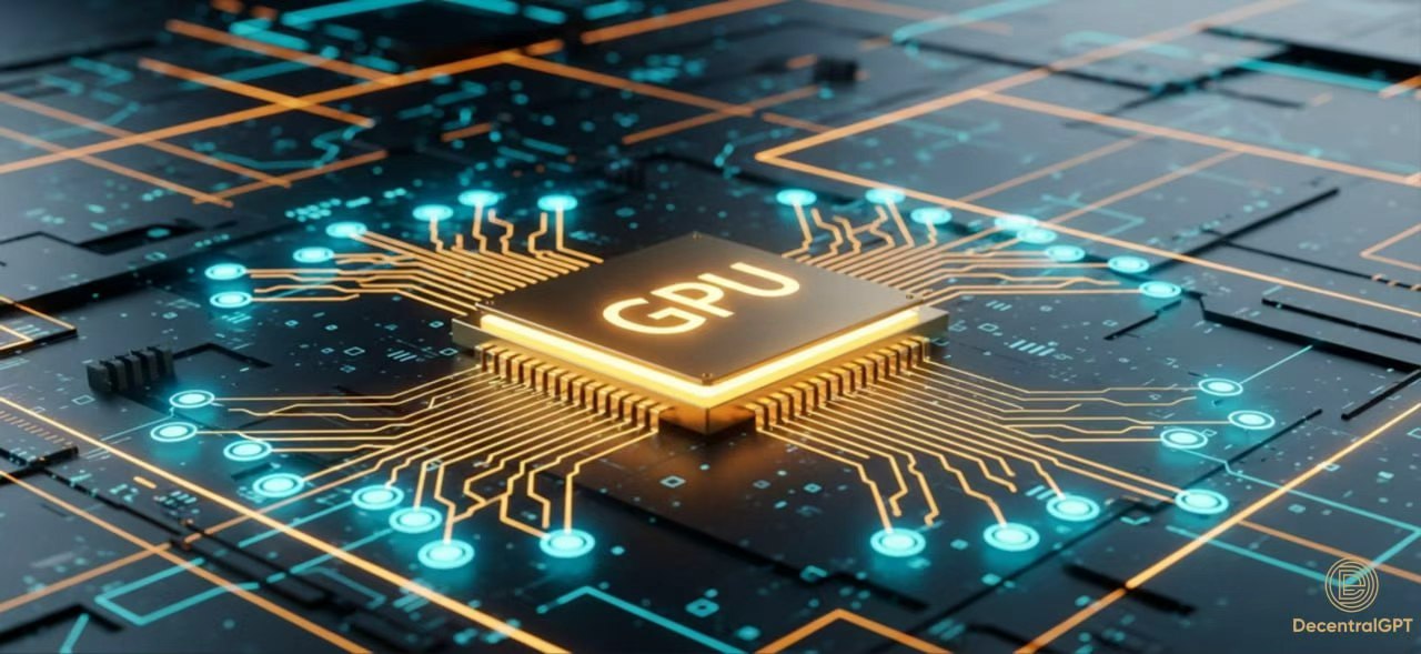 Abstract GPU chip with connected nodes representing DecentralGPT decentralized LLM inference network