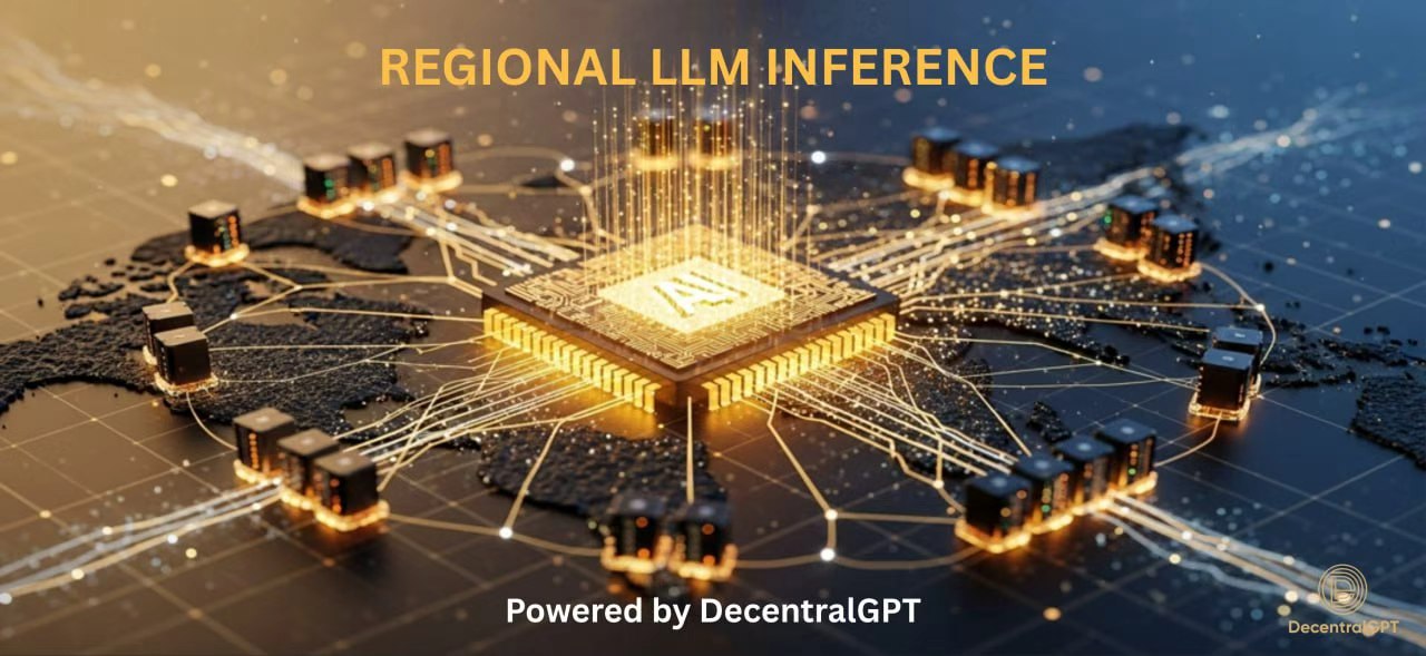 Abstract glowing chip with connected network nodes representing regional decentralized GPU inference on DecentralGPT
