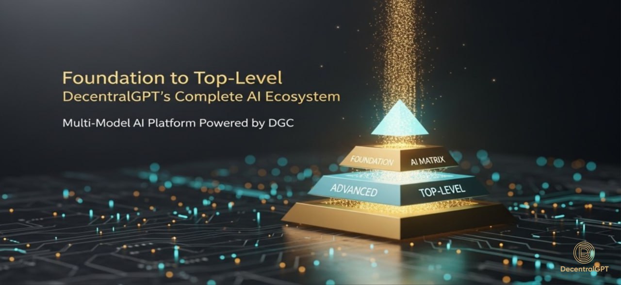 Three-tier AI model structure representing DecentralGPT Foundation, Advanced, and Top-Level models with DGC payments