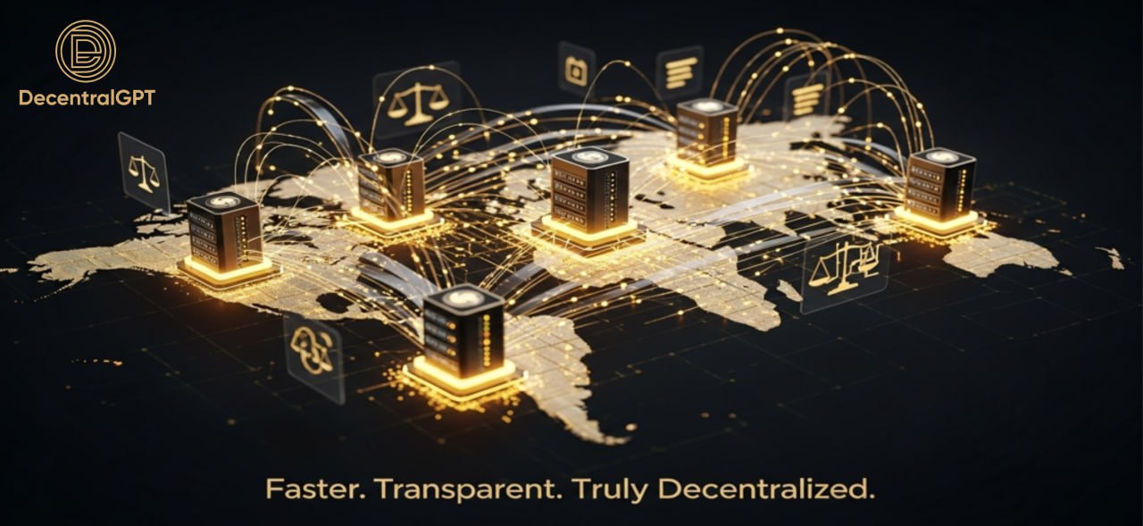 Abstract world map with glowing decentralized GPU nodes representing transparent AI inference on DecentralGPT