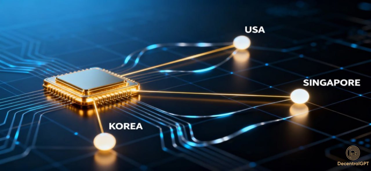 Abstract glowing GPU chip with connected regional nodes representing decentralized AI inference network