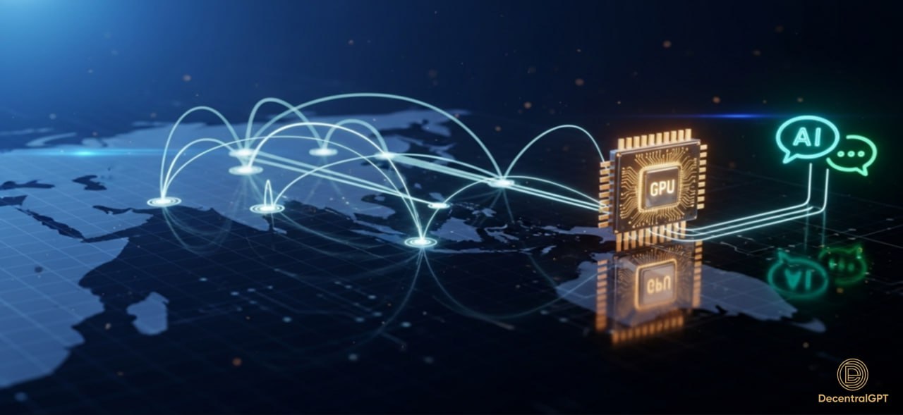 Abstract Asia map with glowing GPU chip and chat bubble symbolizing DecentralGPT regional GPU inference network