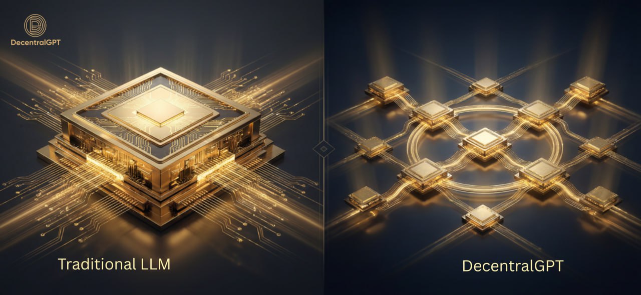 DecentralGPT versus traditional LLM platforms illustration showing decentralized AI inference network